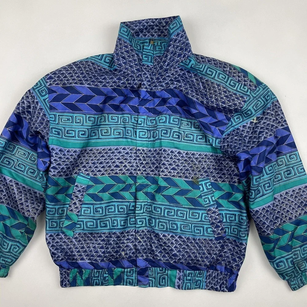 VTG Kim Rogers Colorful 100% Silk Windbreaker Jacket Size PS SP Geometric Aztec
